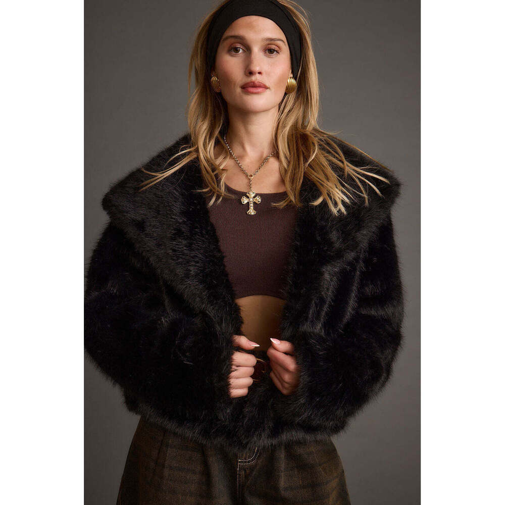 12th Tribe Brielle Black Faux Fur Cropped Jacket Size XSXS
